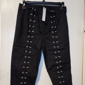 Olivaceous Black Lace-Up Women's Skinny Pants